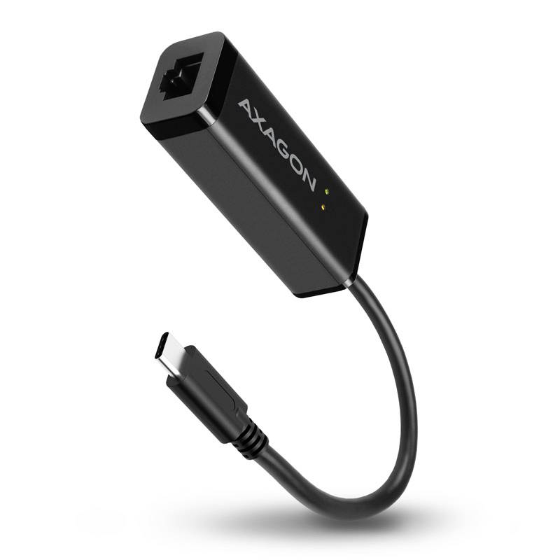 USB-C Ethernet Adapter by Axagon with RJ-45 port, black design, compact and suitable for network connections.