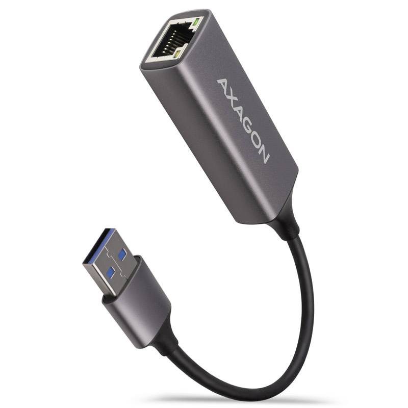 USB to Ethernet adapter in silver with marked 'Axagon' engraving, showing the USB plug and Ethernet port on a grey cable.