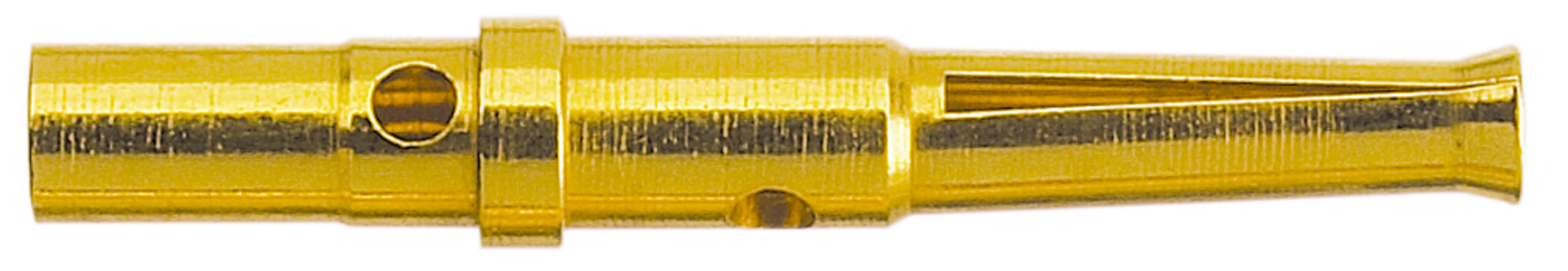 A gold-coloured metal boat whistle, cylindrical with openings and a mouthpiece, used for giving sound signals.