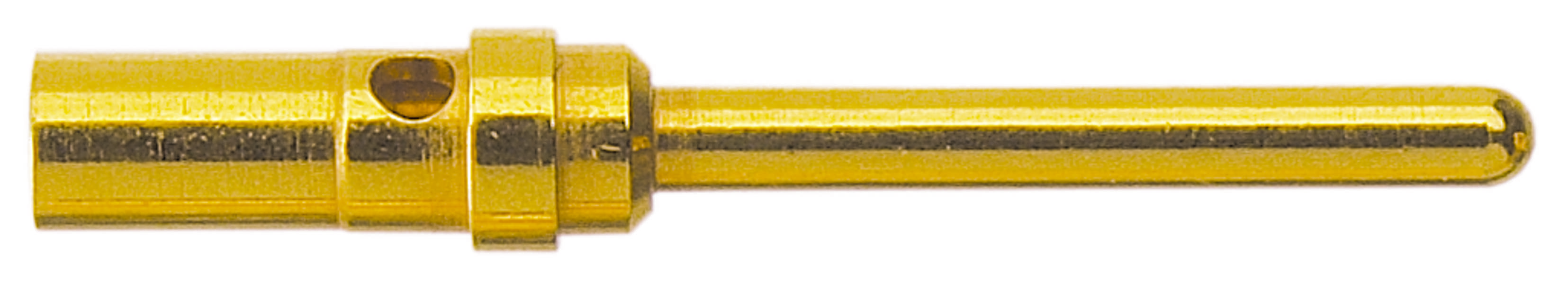 A gold-coloured metallic connector pin used for electrical connection in devices or cables.