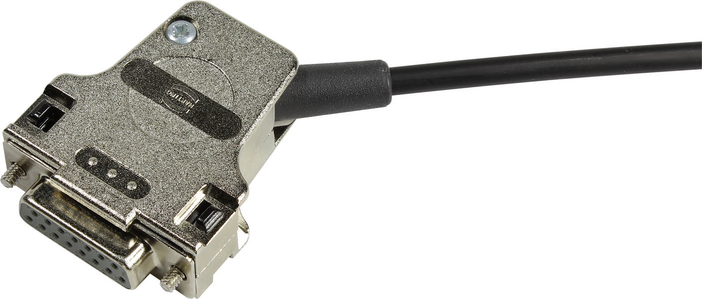 A serial D-sub plug with a black cable, commonly used for data transmission in older computers and electronic devices.