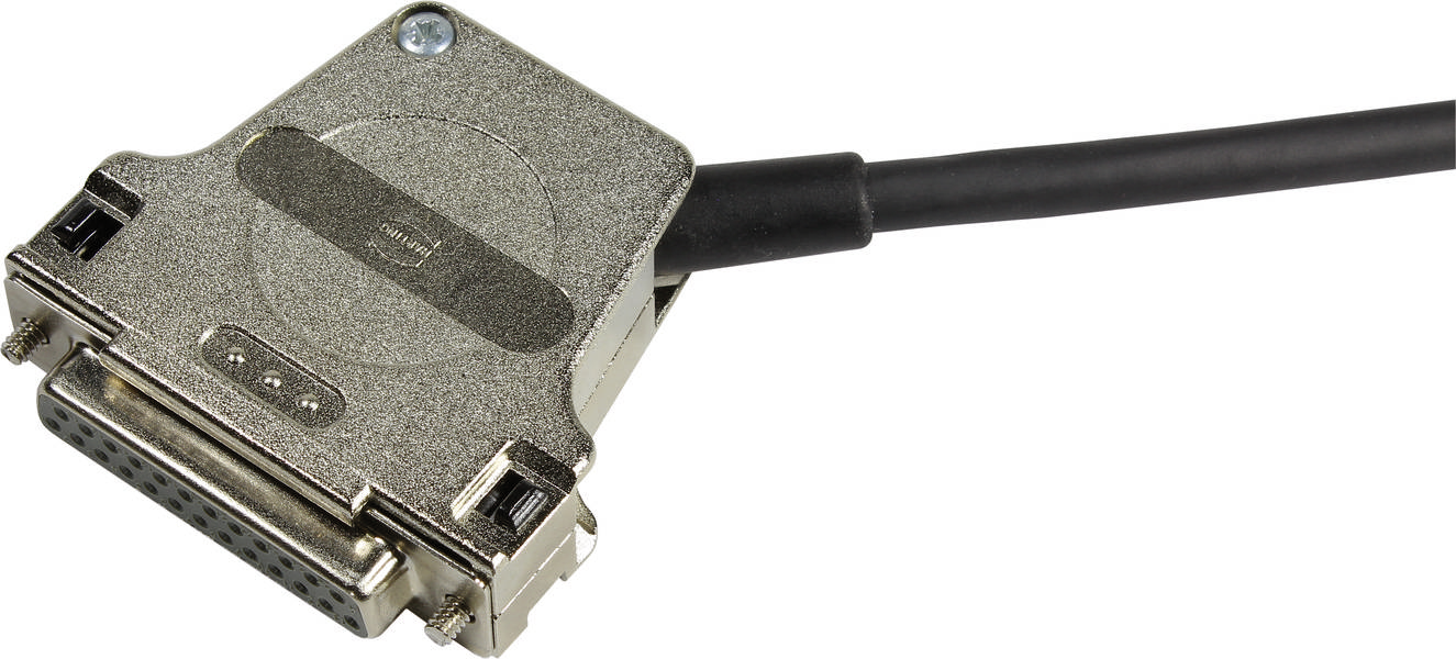 A grey, rectangular plug with numerous small pins, attached to a black cable. Suitable for data connections.