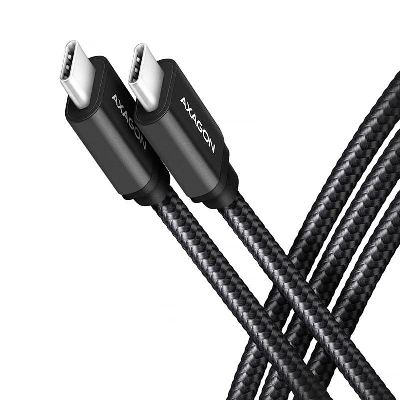 USB-C cable with braided jacket, both connectors pointing upwards. Text on the connectors: 'AXAGON'.
