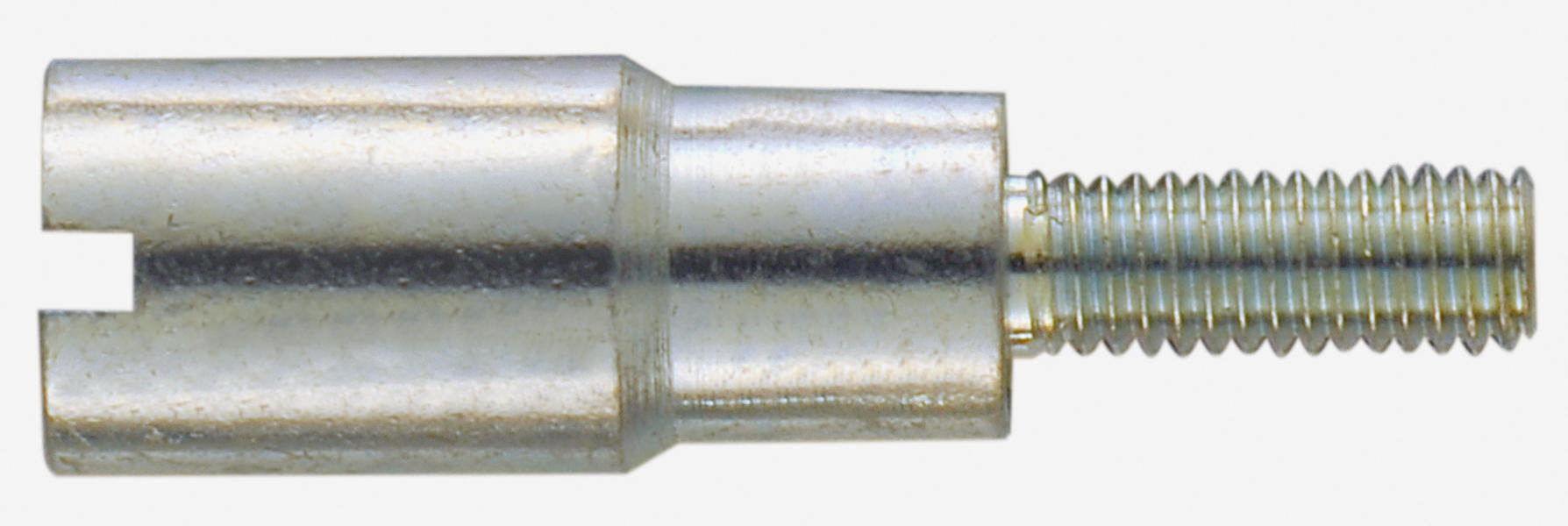 Metal component with a cylindrical body, a recessed end, and a threaded pin. Potentially a connecting element.Note: This translation is in British English, maintaining the technical precision and neutral tone of the original German text.