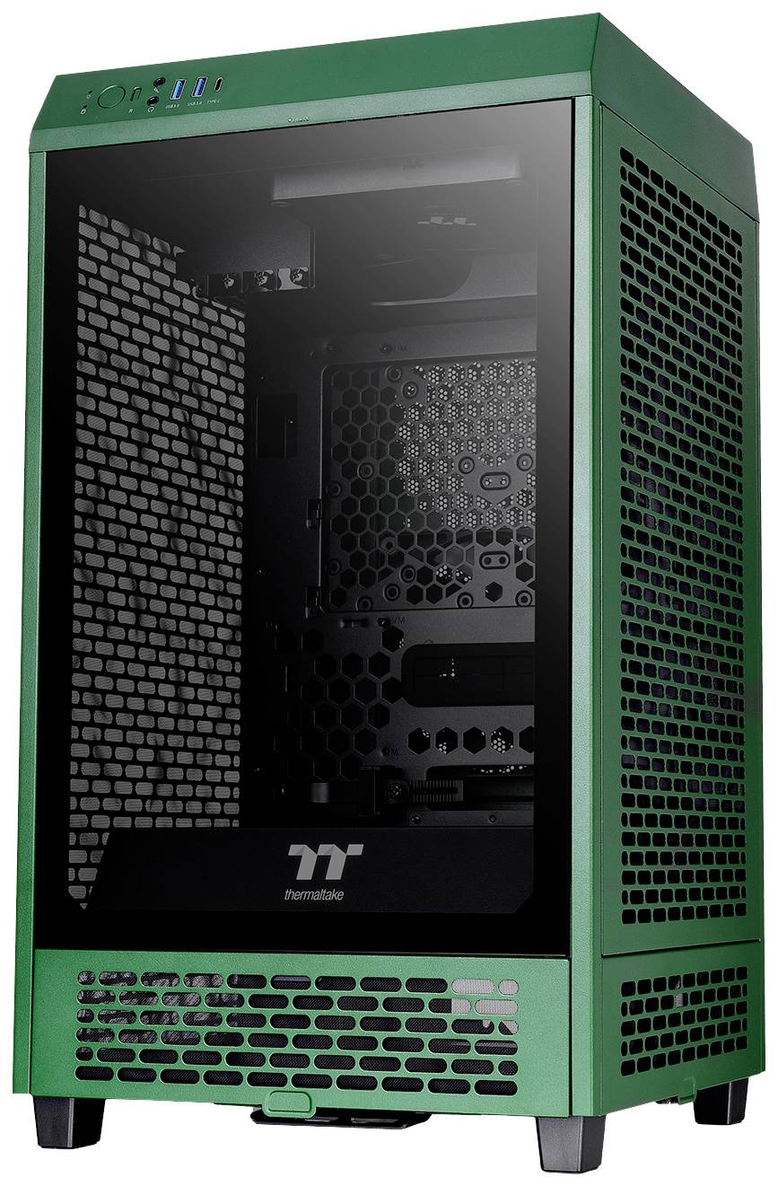 Green PC case with a transparent side panel, showing internal compartment and ventilation grille.
