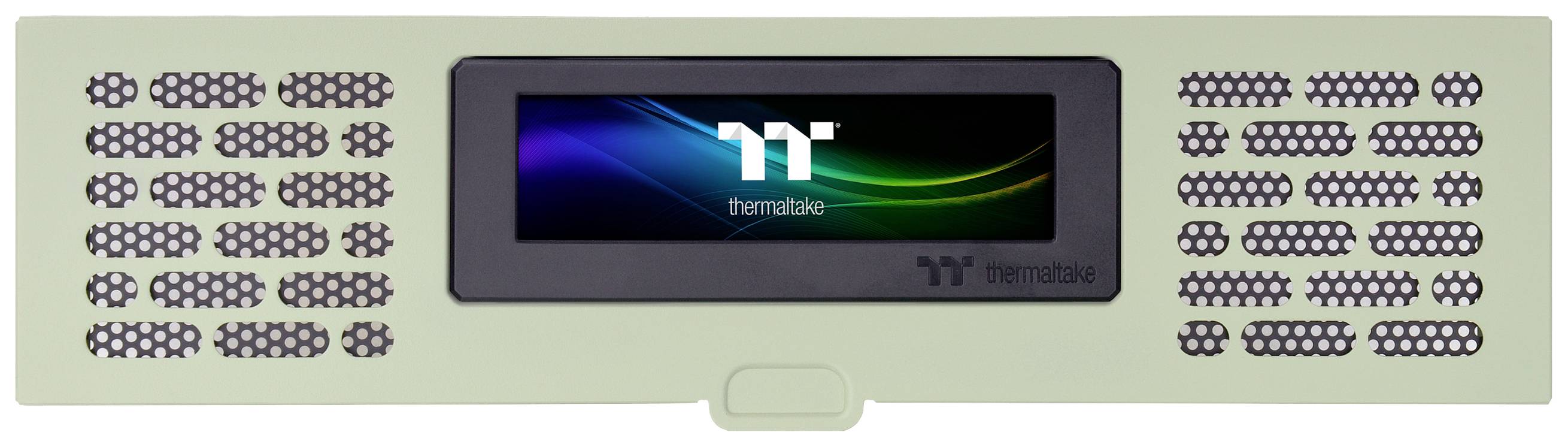 Digital temperature sensor with display, showing a colourful Thermaltake logo. The case has several small ventilation slots.