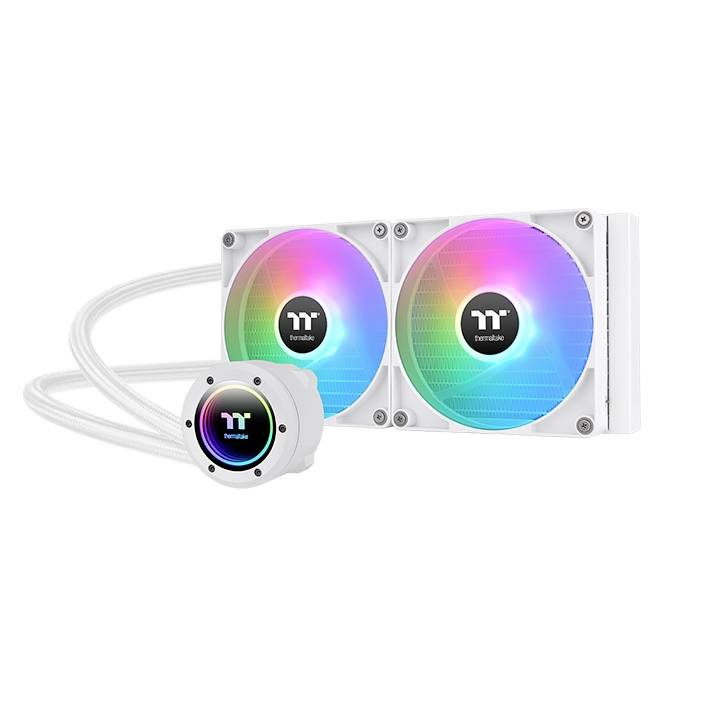 Wasserkühlungssystem mit zwei leuchtenden Lüftern in Regenbogenfarben und weißem Gehäuse, geeignet für Computer.
