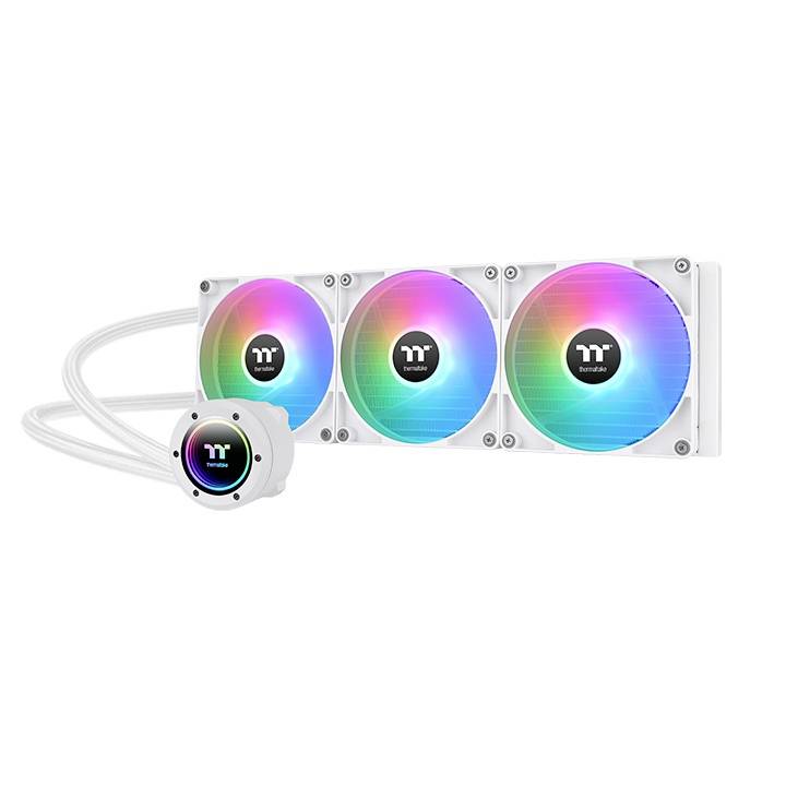 RGB-illuminated PC cooling system with three fans and cables, displaying Thermaltake logo. Suitable for gaming PCs.