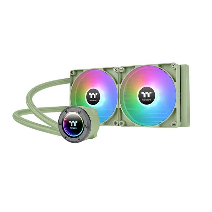 All-in-one water cooling system with two RGB fans and green heatsink, suitable for PC systems for efficient heat dissipation.