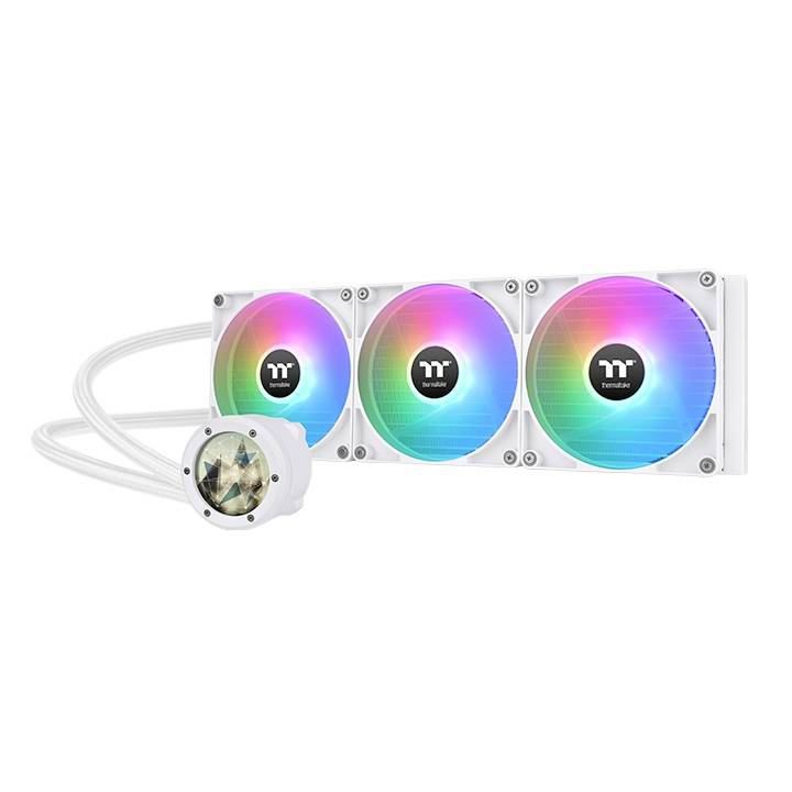 Triple PC radiator with illuminated RGB fans and a CPU pump, ideal for cooling in gaming computers.