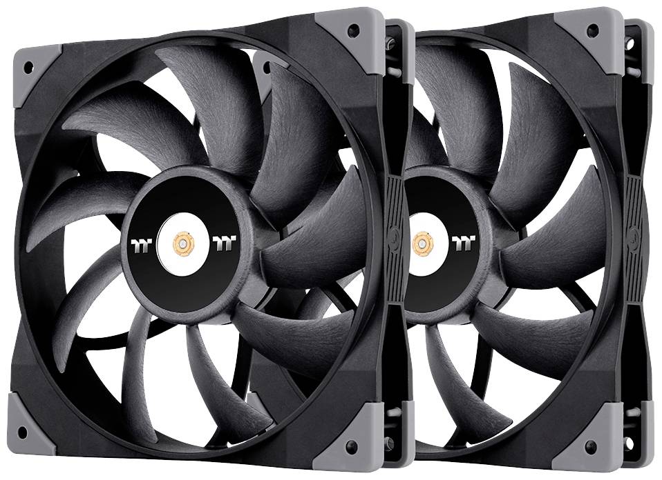 Two black computer fans side by side, each with nine blades. They are designed for cooling PC cases.