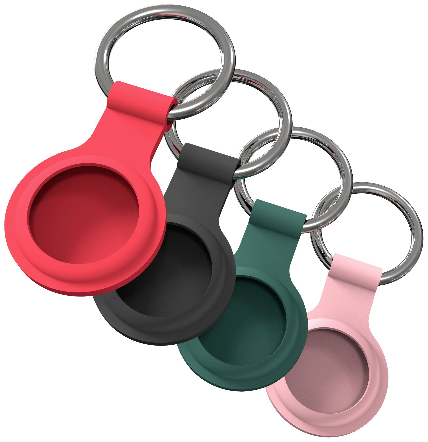 Plastic key rings in red, black, green and pink, each with a circular opening, lined up against a white background.