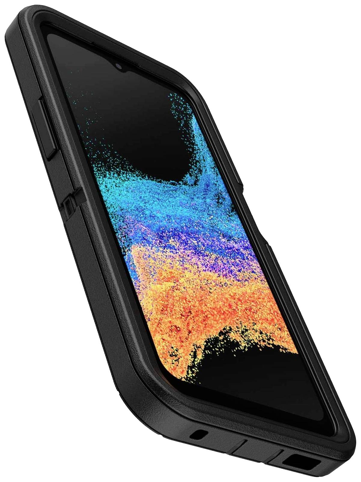 A robust smartphone with a black protective case displays a vibrant, abstract background image in blue, orange, and yellow.