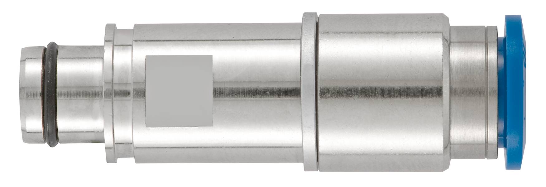 Metallic connector with a blue cap, cylindrical in shape. Used for pneumatic applications.