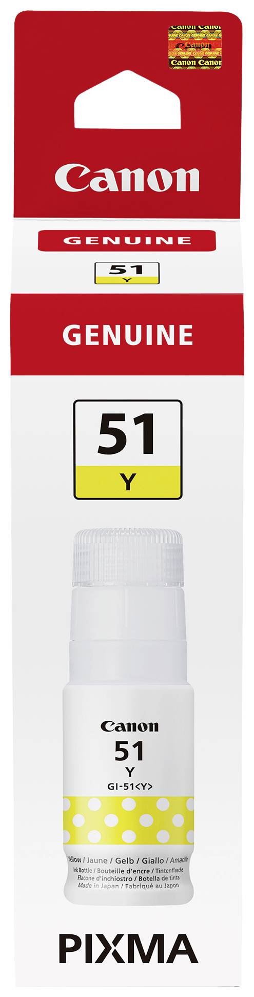 Image of a Canon 51Y ink bottle (yellow) from the PIXMA series for printers. Packaging emphasises 'Genuine' product.