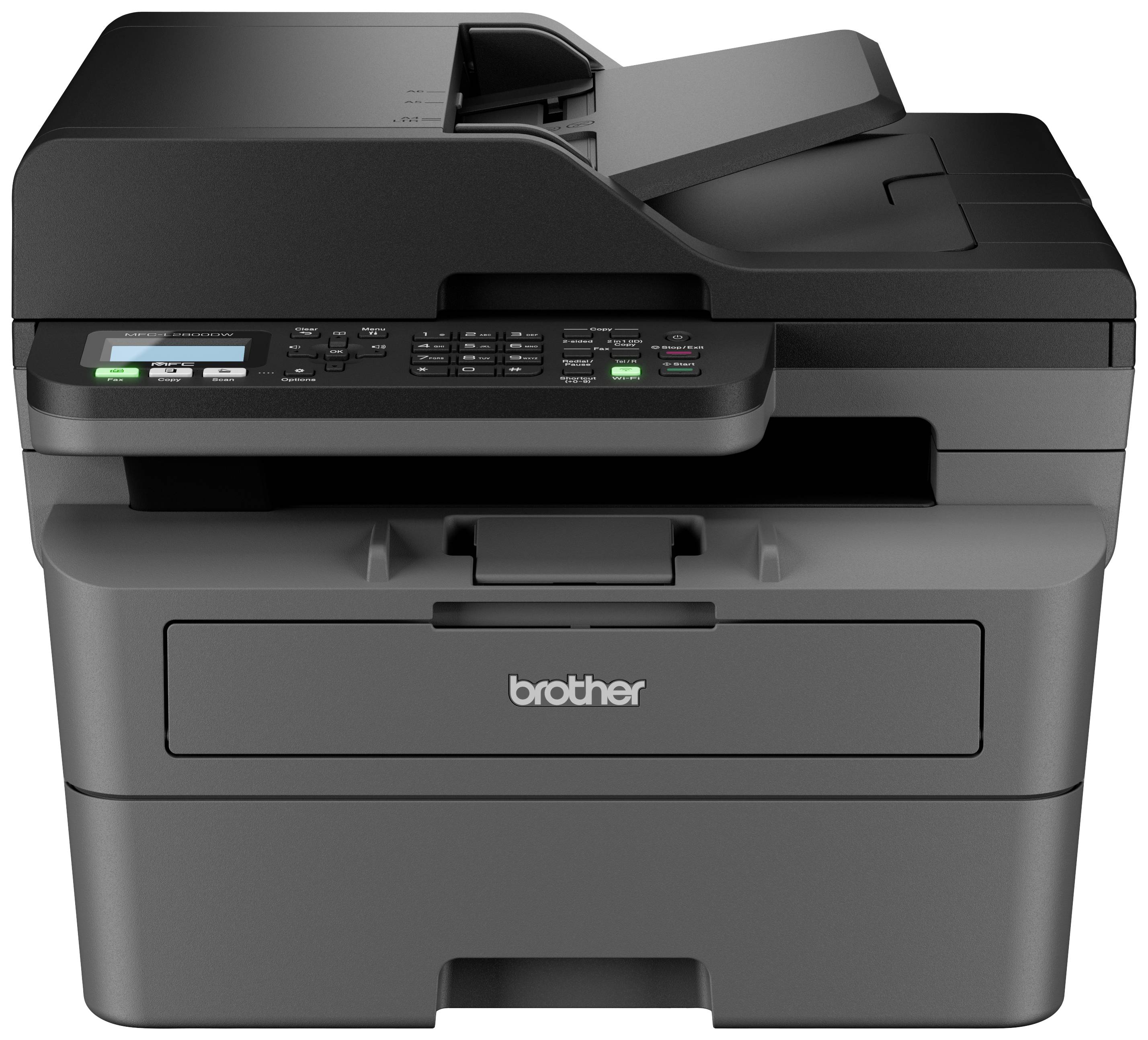 A black multifunction printer with control panel, paper feed, and tray. Brand label on the front.