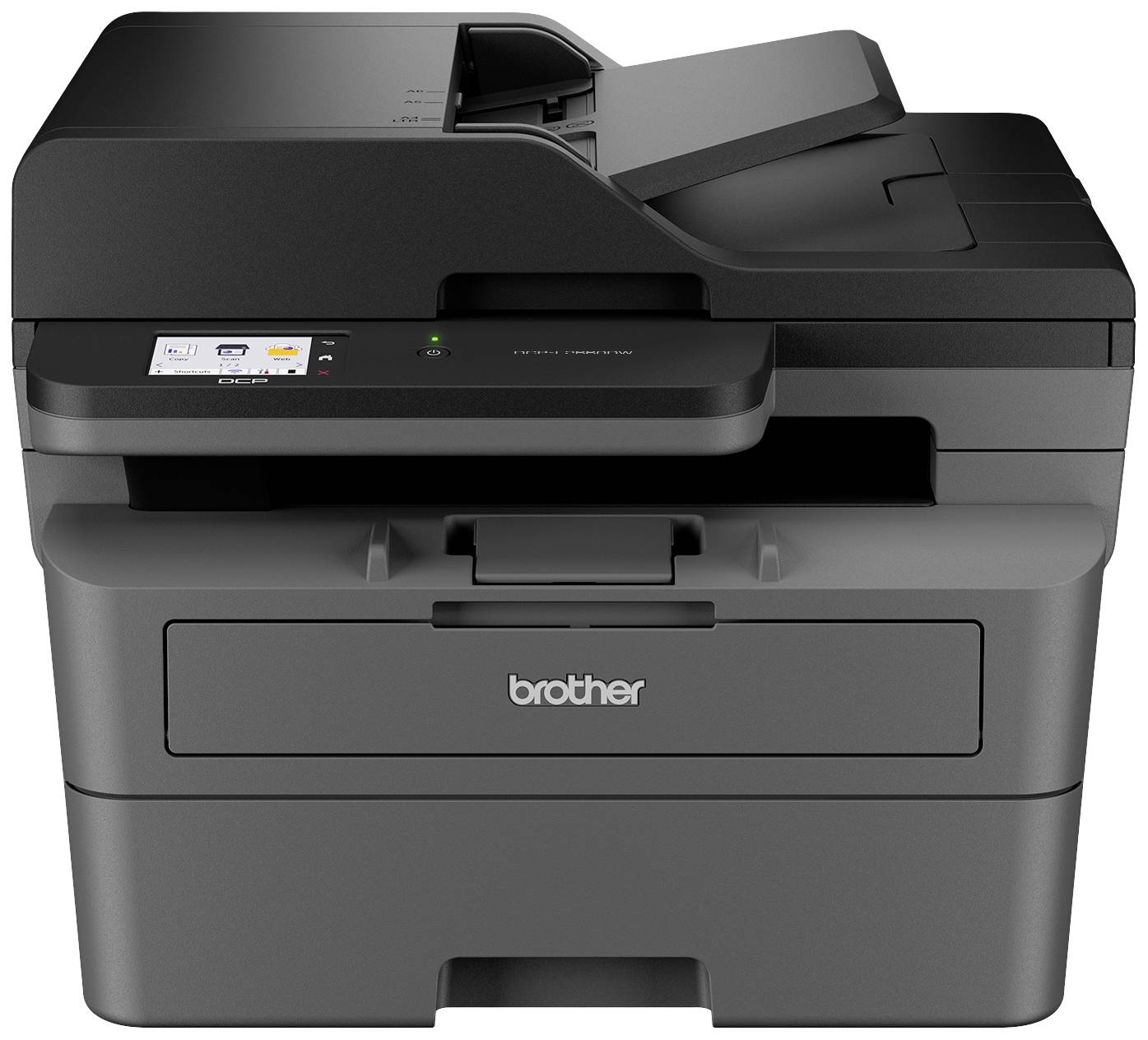 A black multifunction printer with scanner and document feeder. The control panel with display is visible on the front.
