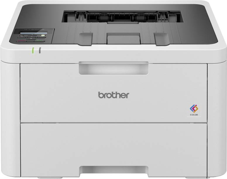 A white printer viewed from the front, with the upper paper tray open. Logo and colour print options visible.