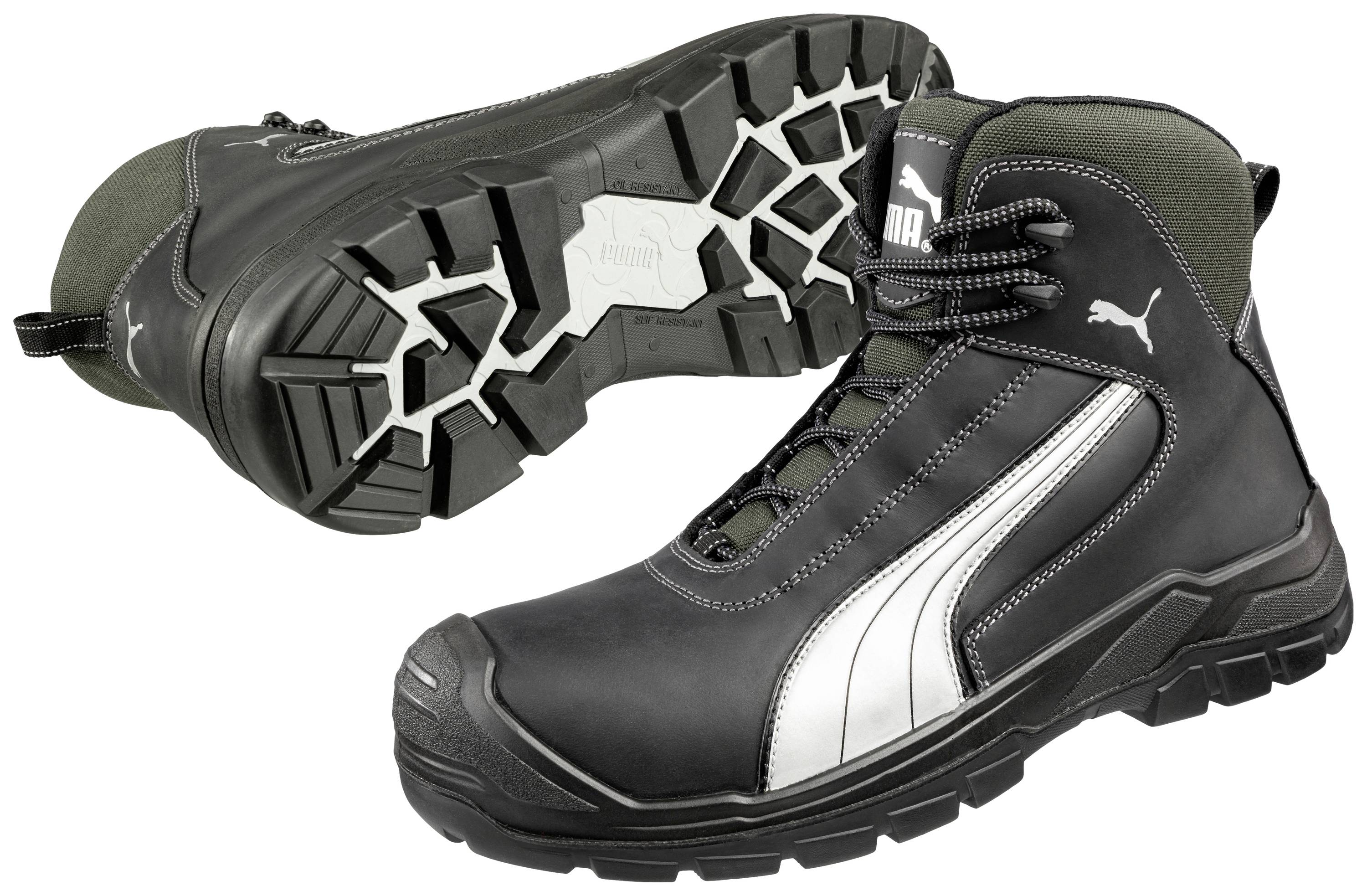 Black and silver safety shoes with robust soles and the Puma logo, designed for workplace protection and stability.