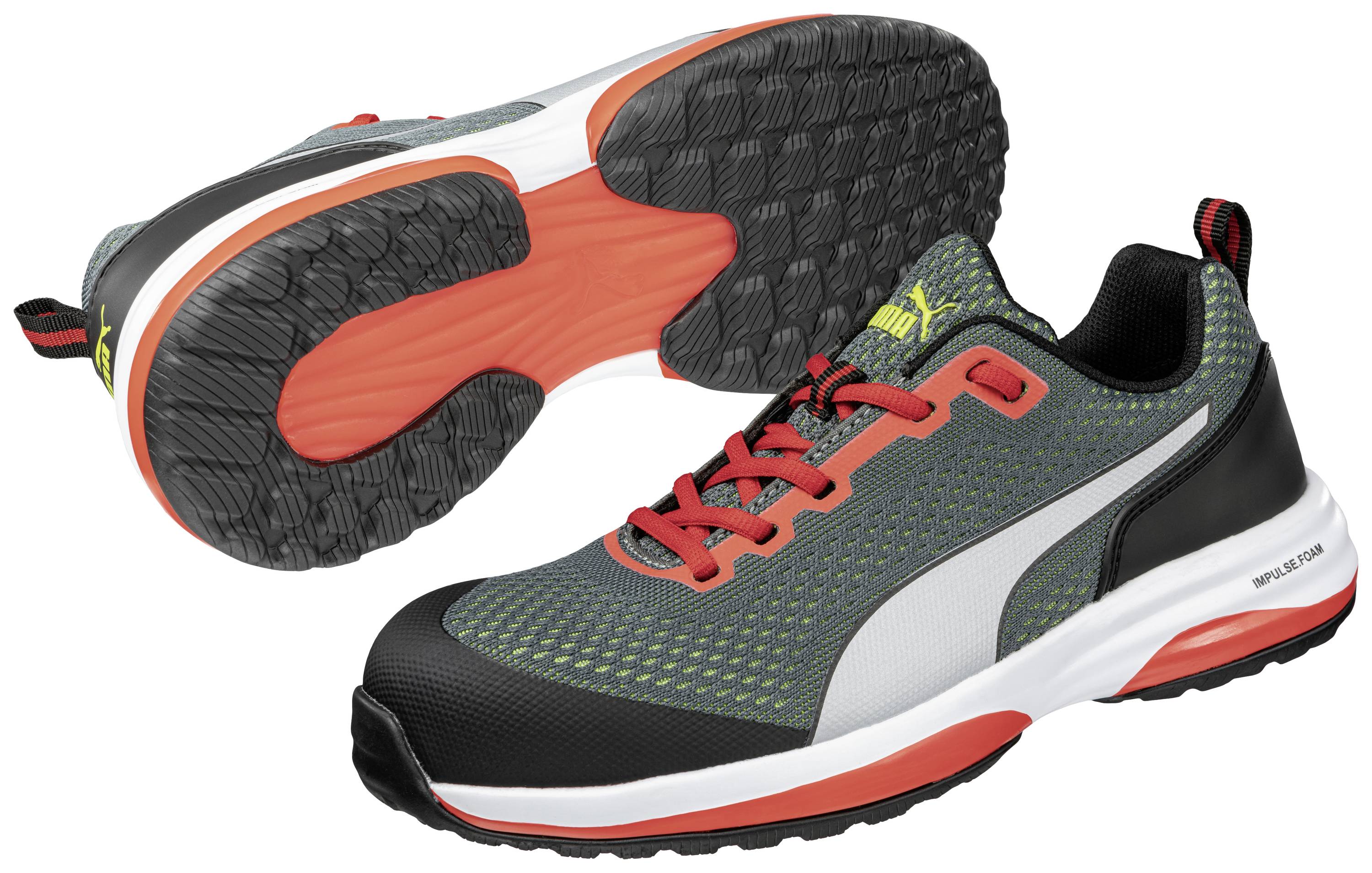 Two trainers with grey mesh upper material, red laces and soles, black toe cap, and white side logo.