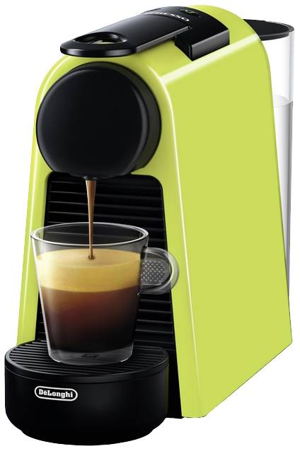Small, green espresso machine with coffee flowing into a transparent cup.