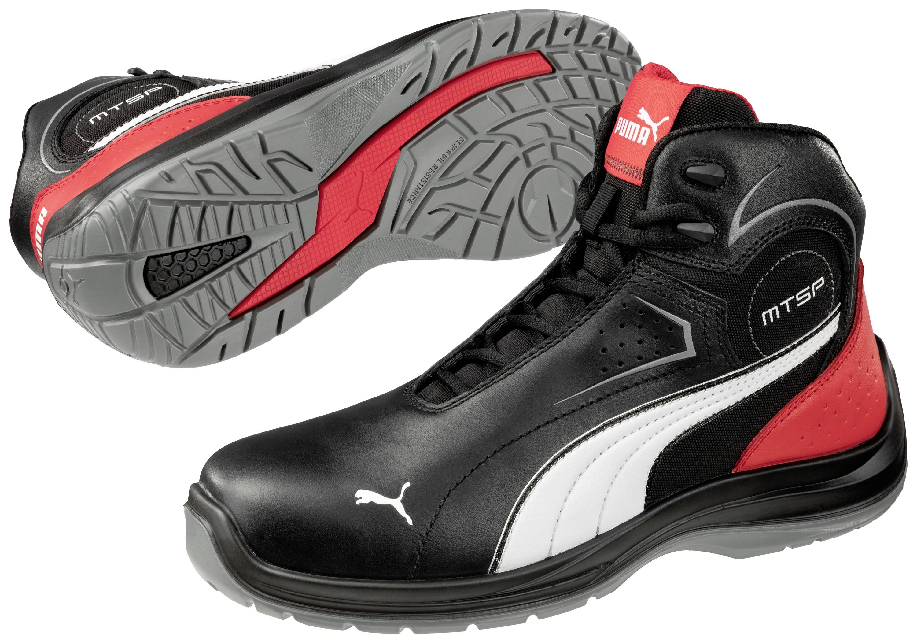 Black and red sports trainers with white Puma logo. Treaded soles, high ankle protection.