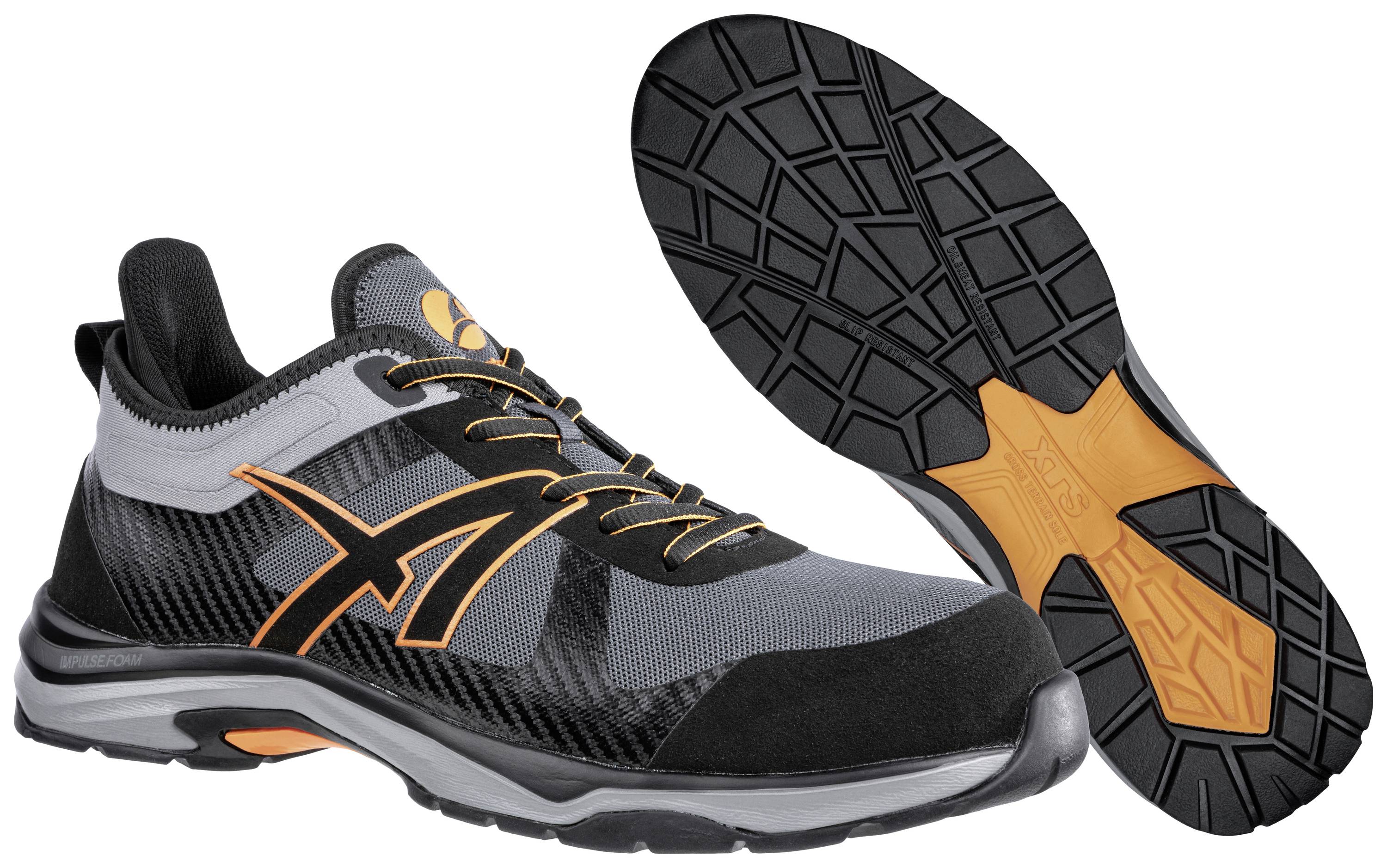 Black and grey sports trainers with orange accents and non-slip sole, suitable for sports activities and leisure wear.