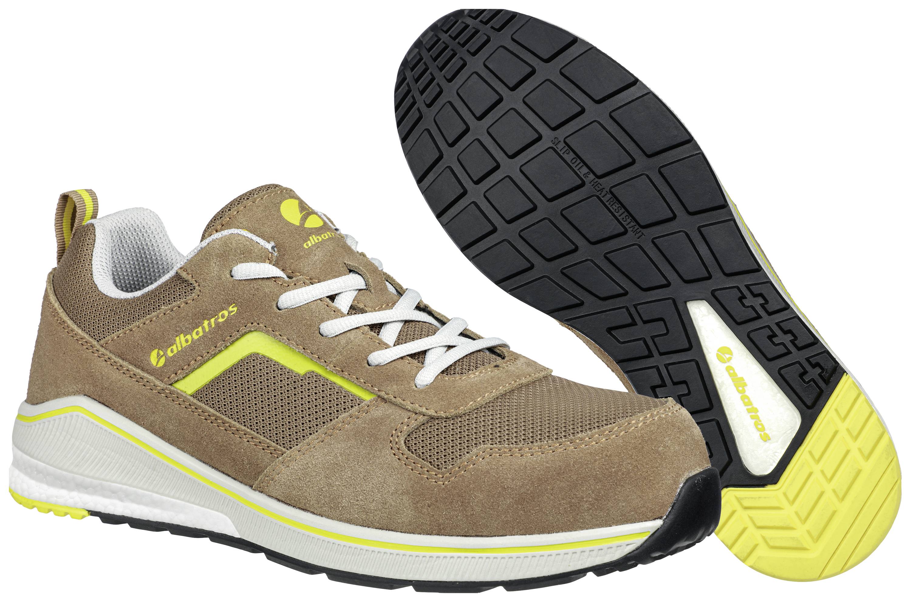 Sports trainers in Brown and Yellow. On the left, the shoe shown from the side, on the right the sole with black tread and yellow section.