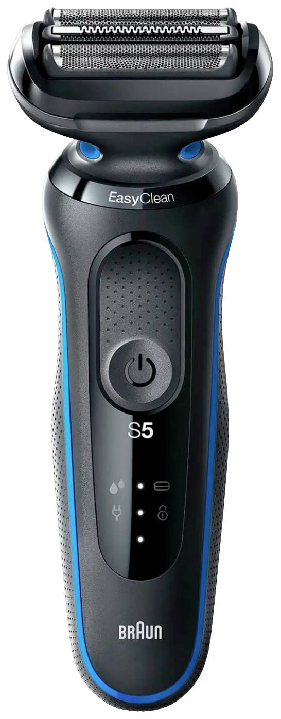 Electric shaver with black and blue design, brand logo 'Braun', model 'S5'. Includes power on/off button and battery status indicator.