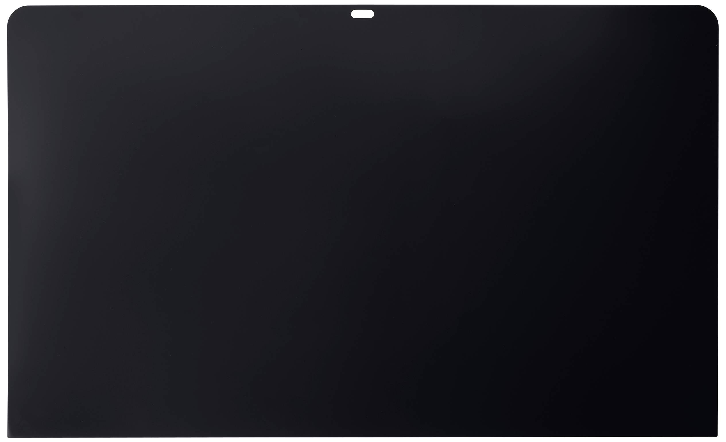 A black rectangular object with rounded corners and a small white dot centred at the top edge.