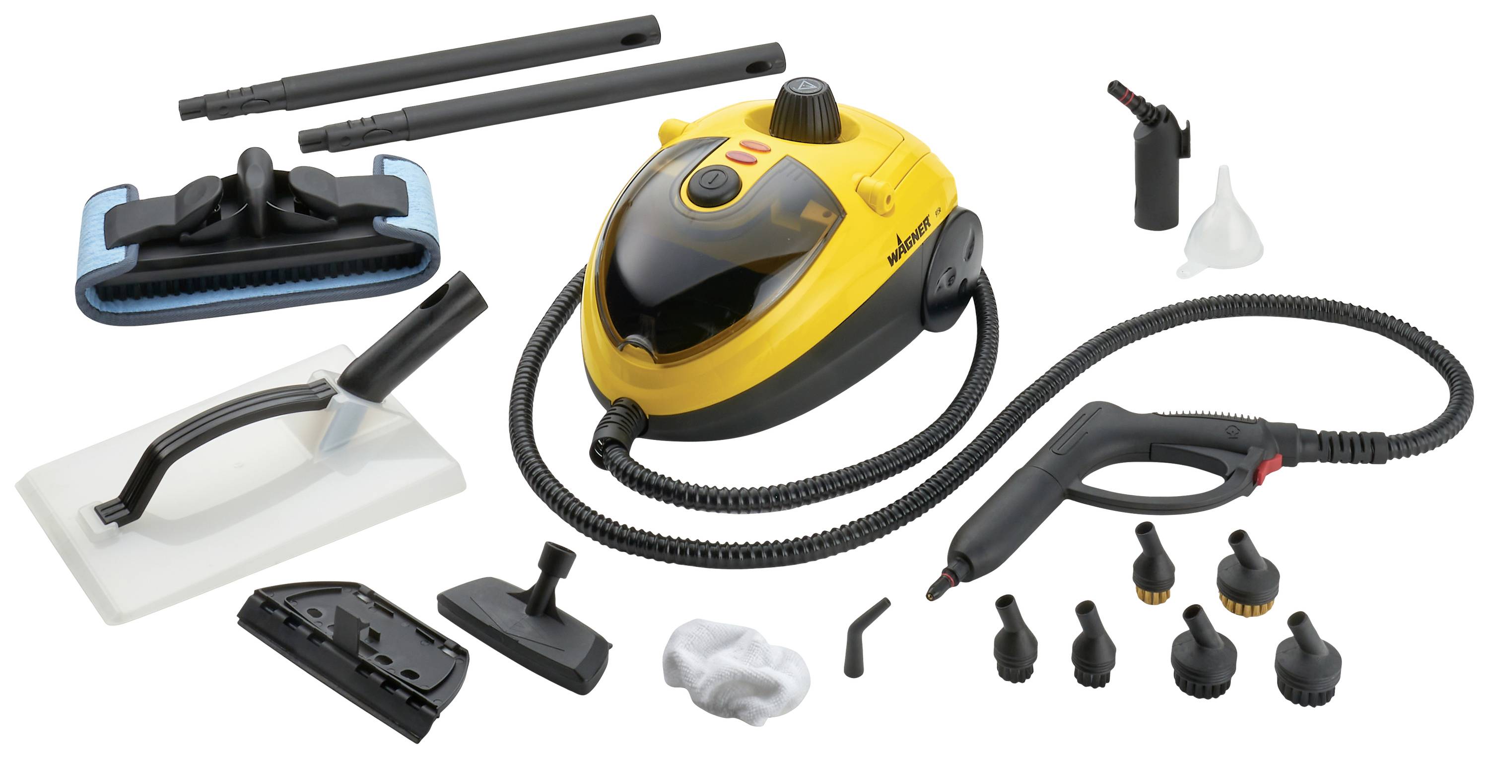 Steam cleaner set with main unit, extension tubes, nozzles and attachments for various cleaning purposes. Main unit yellow-black.