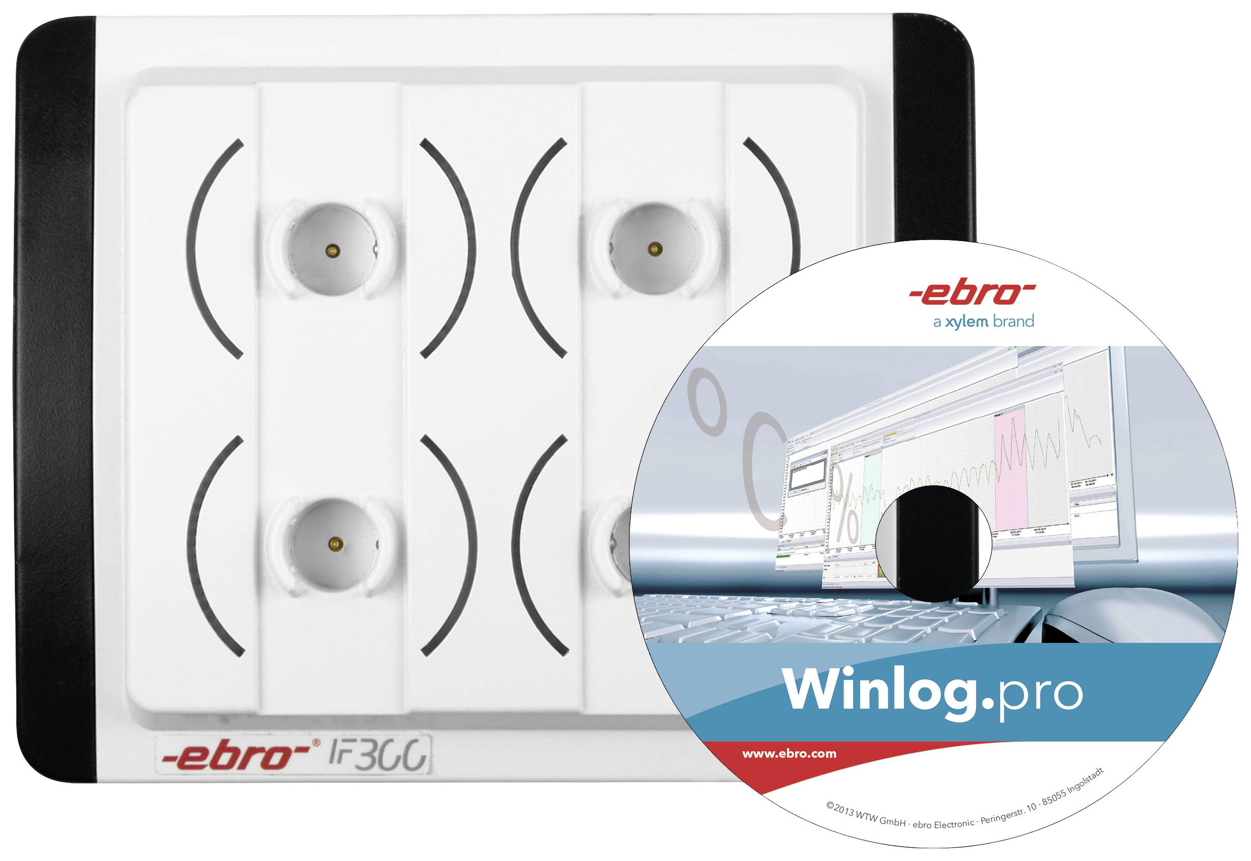 A temperature monitoring system by the brand 'ebro' with 'Winlog.pro' software CD, which enables graphical data analysis.