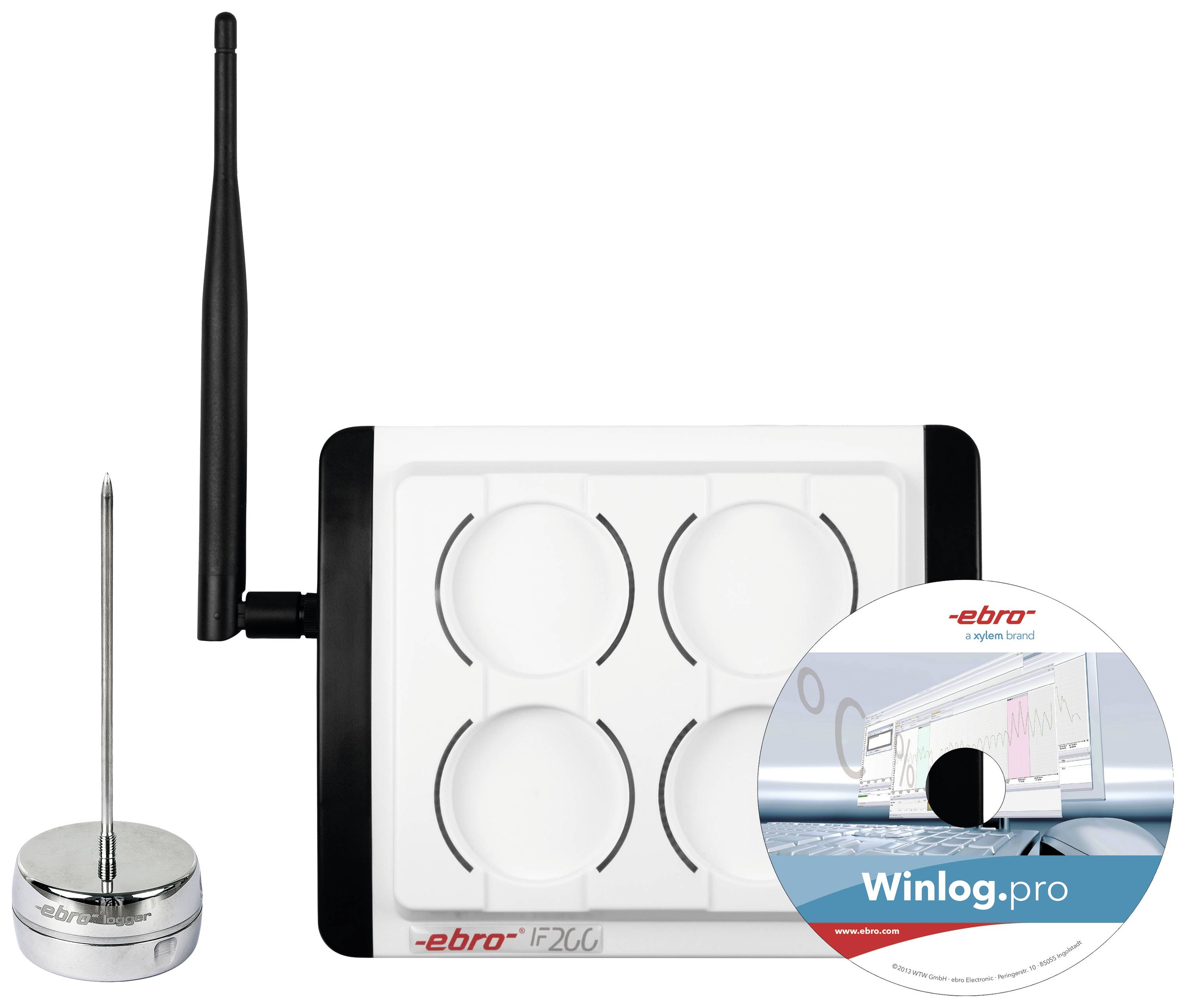 Wireless data logger ebro IF20 for temperature monitoring. Set includes USB data logger, software CD and temperature sensor with probe.