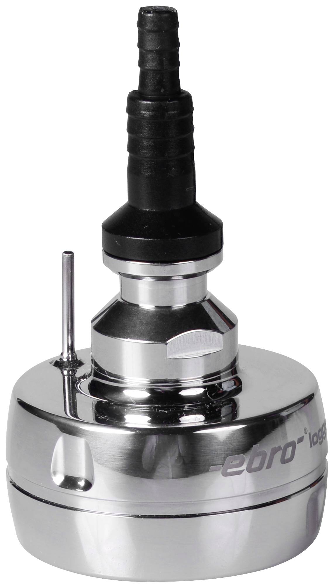 A silver, metallic device with a black hose connection on top, possibly a sensor or adapter for technical applications.