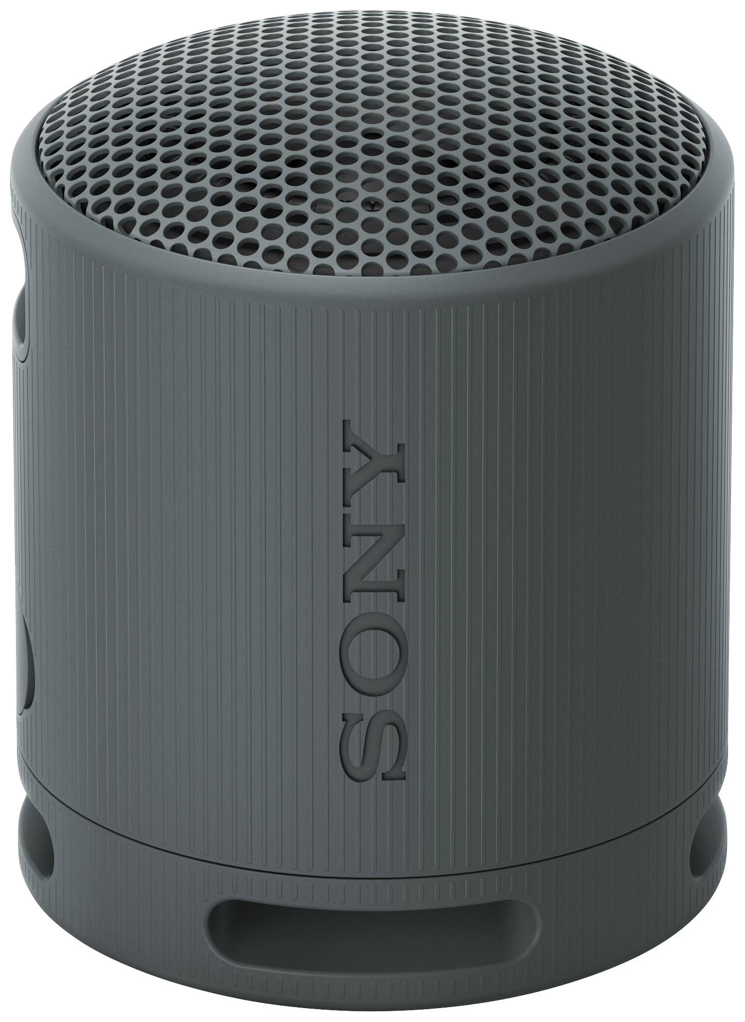 Compact, cylindrical Sony speaker in dark grey with a textured surface and a prominent Sony logo.