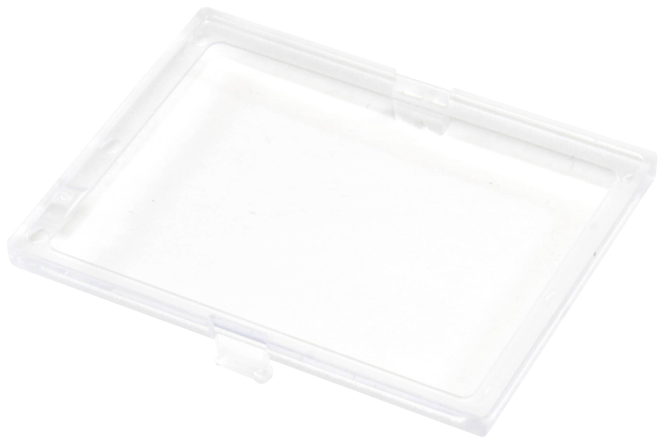 Plastic wallet, rectangular, transparent, empty; suitable for storing small flat items such as cards or photographs.