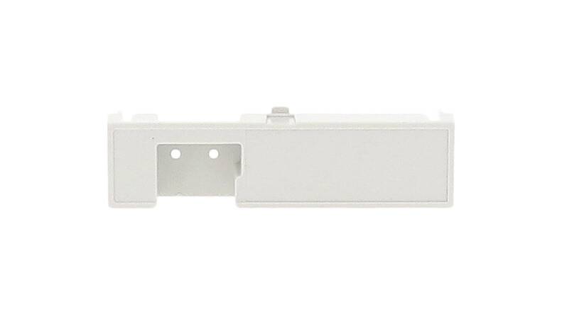 A white rectangular plastic part with two holes on the left side.