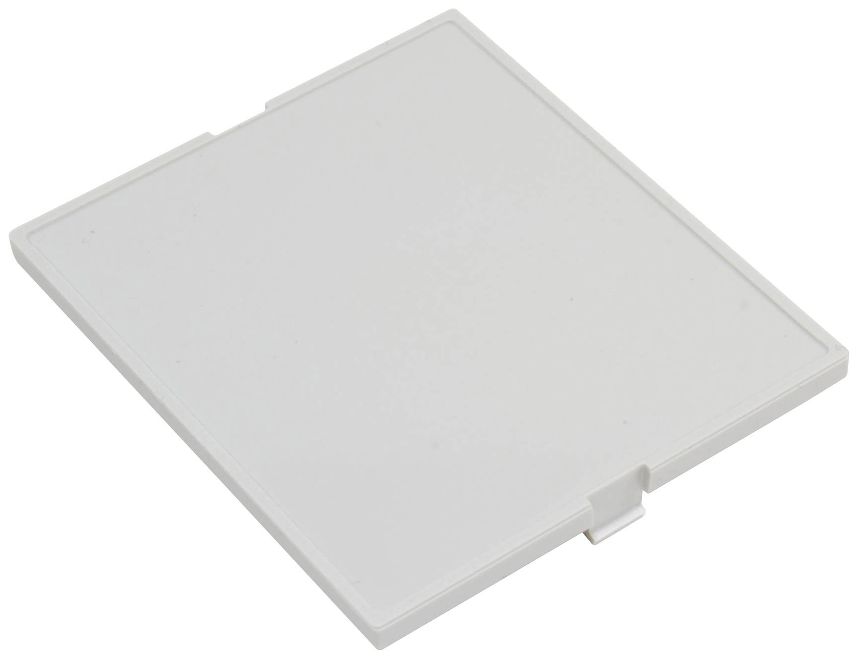 A white, square plastic cover with a small tab on the side, presumably for a socket or switch.