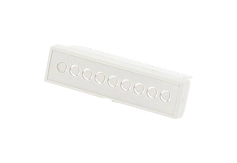 A rectangular, white plastic plug with 10 holes in a row, presumably an electrical connector.