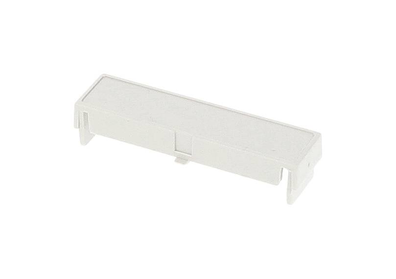 A white, rectangular plastic component with two side hooks. It could be part of a larger mechanism or housing.