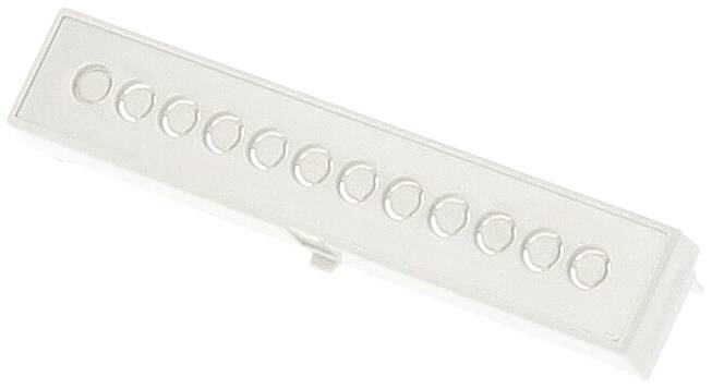 A white plastic box insert with ten small round openings arranged in a row.