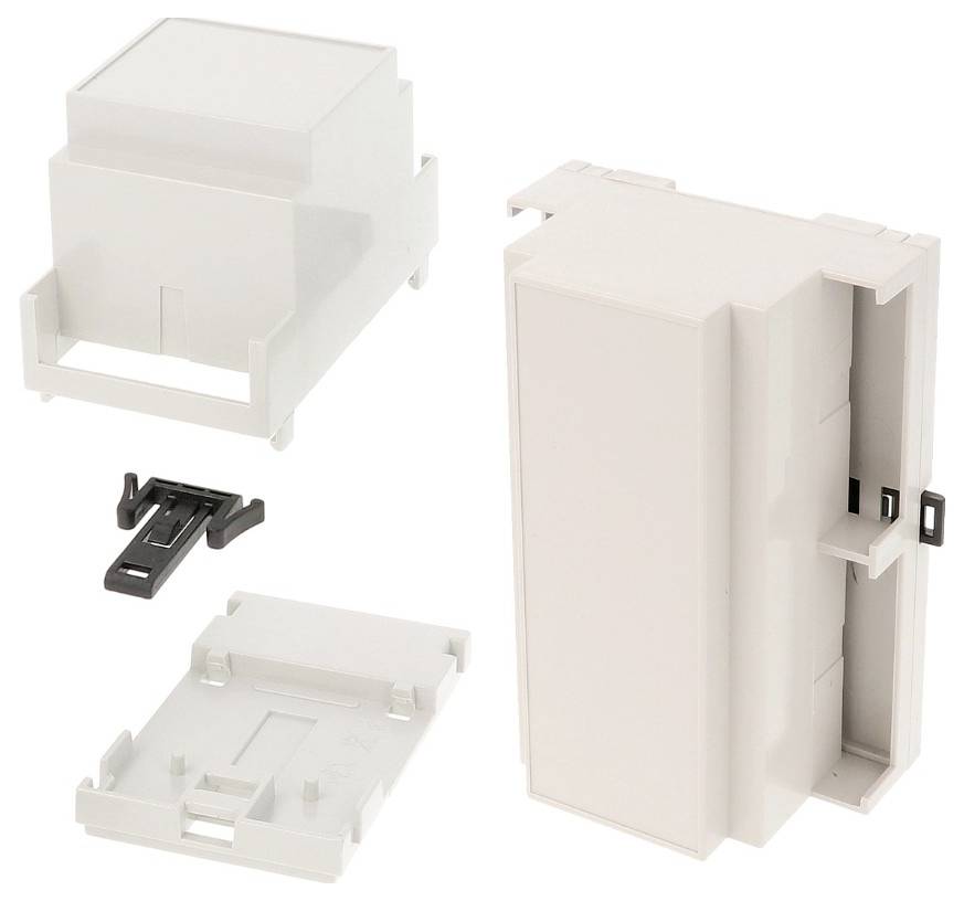 Three white plastic electrical enclosures with mounting components arranged separately, showcasing different installation views.