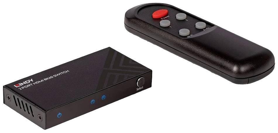 Black HDMI switcher with remote control. The switcher has three inputs and one button; the remote control has four round buttons.