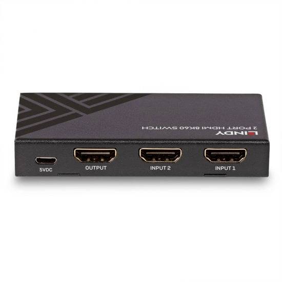 Compact HDMI switch with three HDMI ports, labelled as 'OUTPUT', 'INPUT 1' and 'INPUT 2', along with a 5VDC power connection.