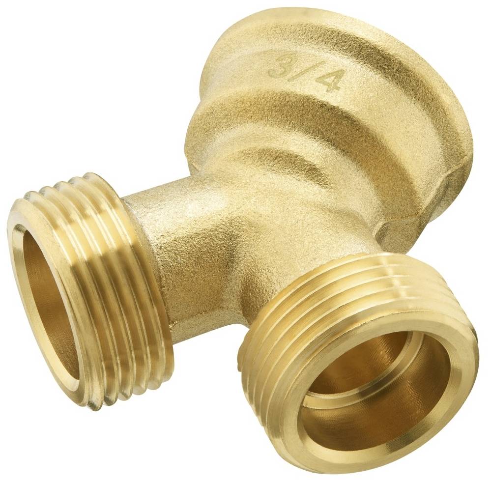 Golden Y-shaped brass connector with three ports, featuring a 3/4-inch inscription on the top surface.