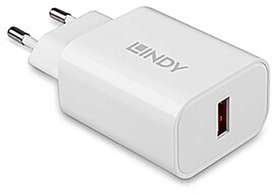 White USB charger with European plug and 'LINDY' print. Suitable for charging devices via a USB connection.