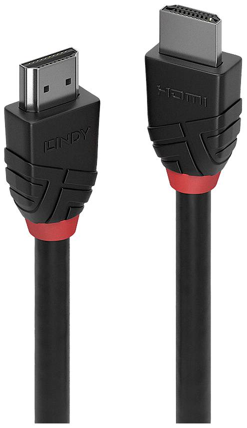 Black HDMI cable with red accents; left connection labelled LINDY, right labelled HDMI. High-quality connection option for video and audio.