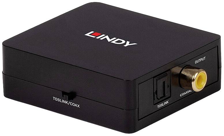 Black digital-to-analogue converter with TOSLINK and coaxial connections on the side, 'LINDY' brand on top.