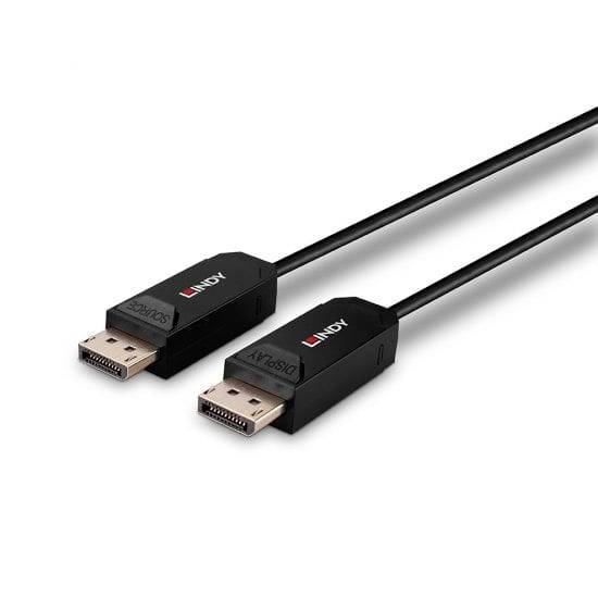 Two black DisplayPort cables with connectors, one marked with 'Source', the other with 'Display'.