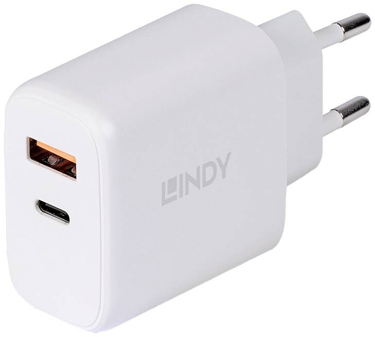 A white USB charger with a USB-A and a USB-C port. Suitable for European plug sockets.